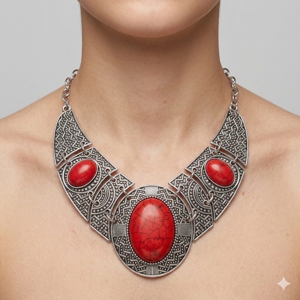Tribal Style Red Stone Bib Necklace | Antiqued Silver Southwest Statement